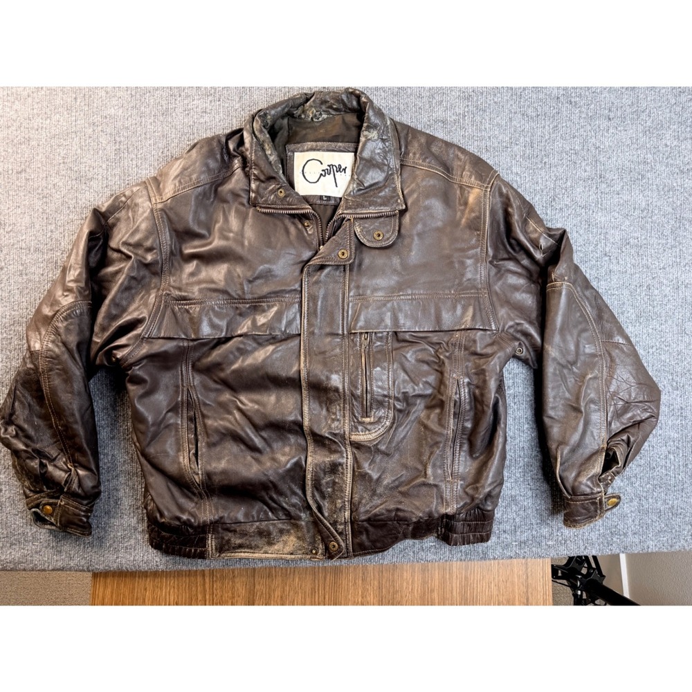 Cooper Mens Large Brown Leather Bomber Jacket Vintage Distressed Biker Y2K Zip